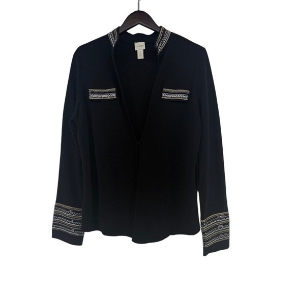 Chico's Sweaters - Chicos Black Beaded Sequin Trim Open Front Cardigan Sweater Gold Silver Size 2
